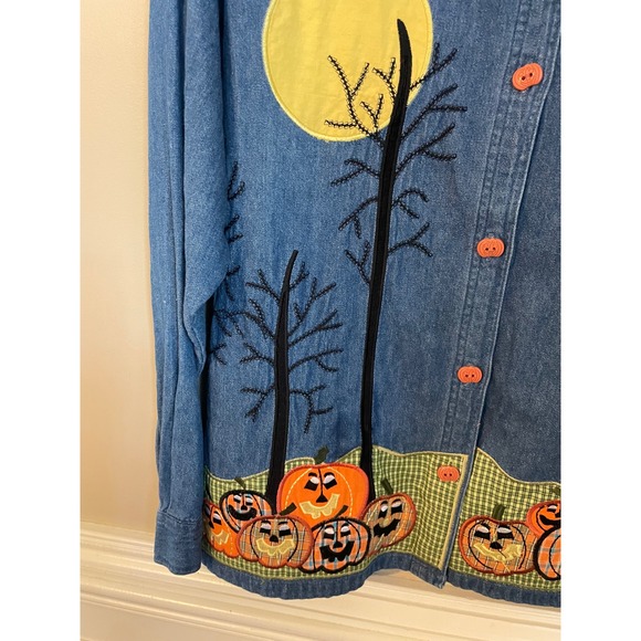 Tantrums Vintage Halloween Denim Button Up Shirt Size XL Applique Embroidered - Picture 9 of 9